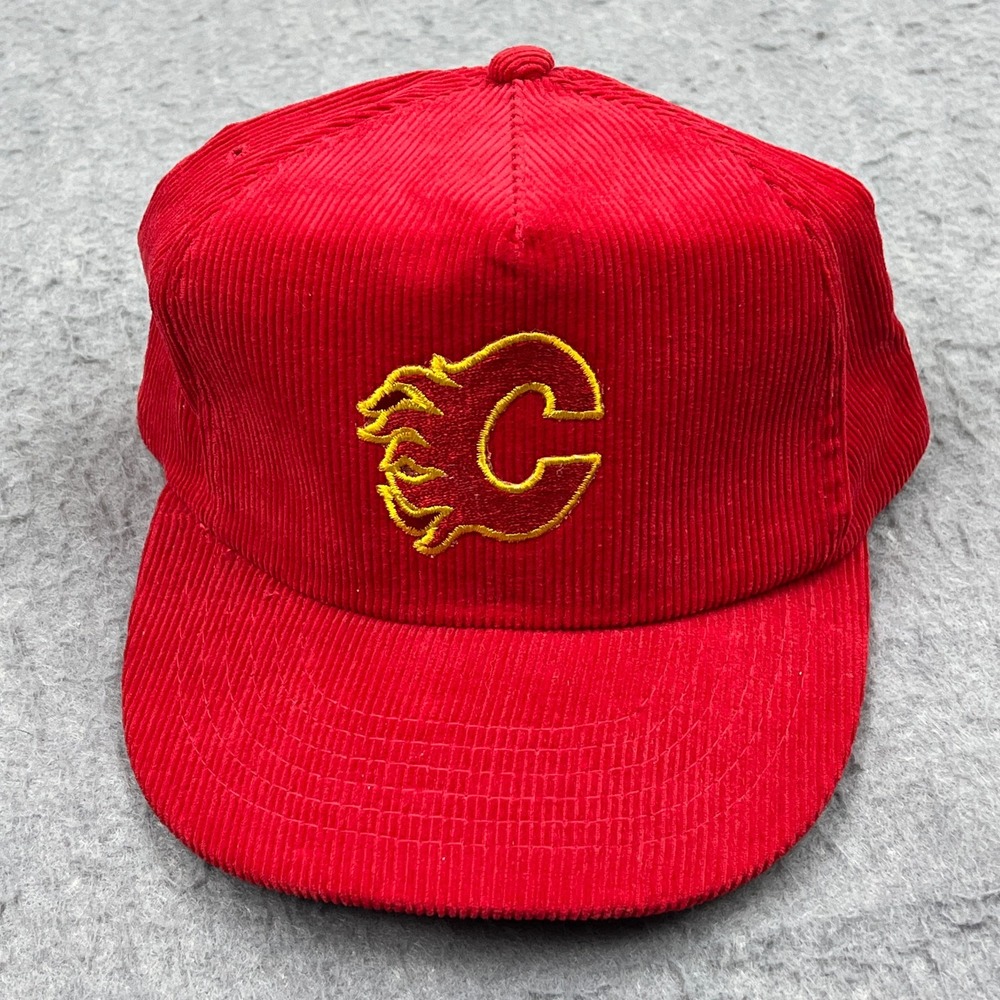 VTG Calgary‎ Flames Hat Red Corduroy NHL Hockey Snapback Trucker Adjustable Cap